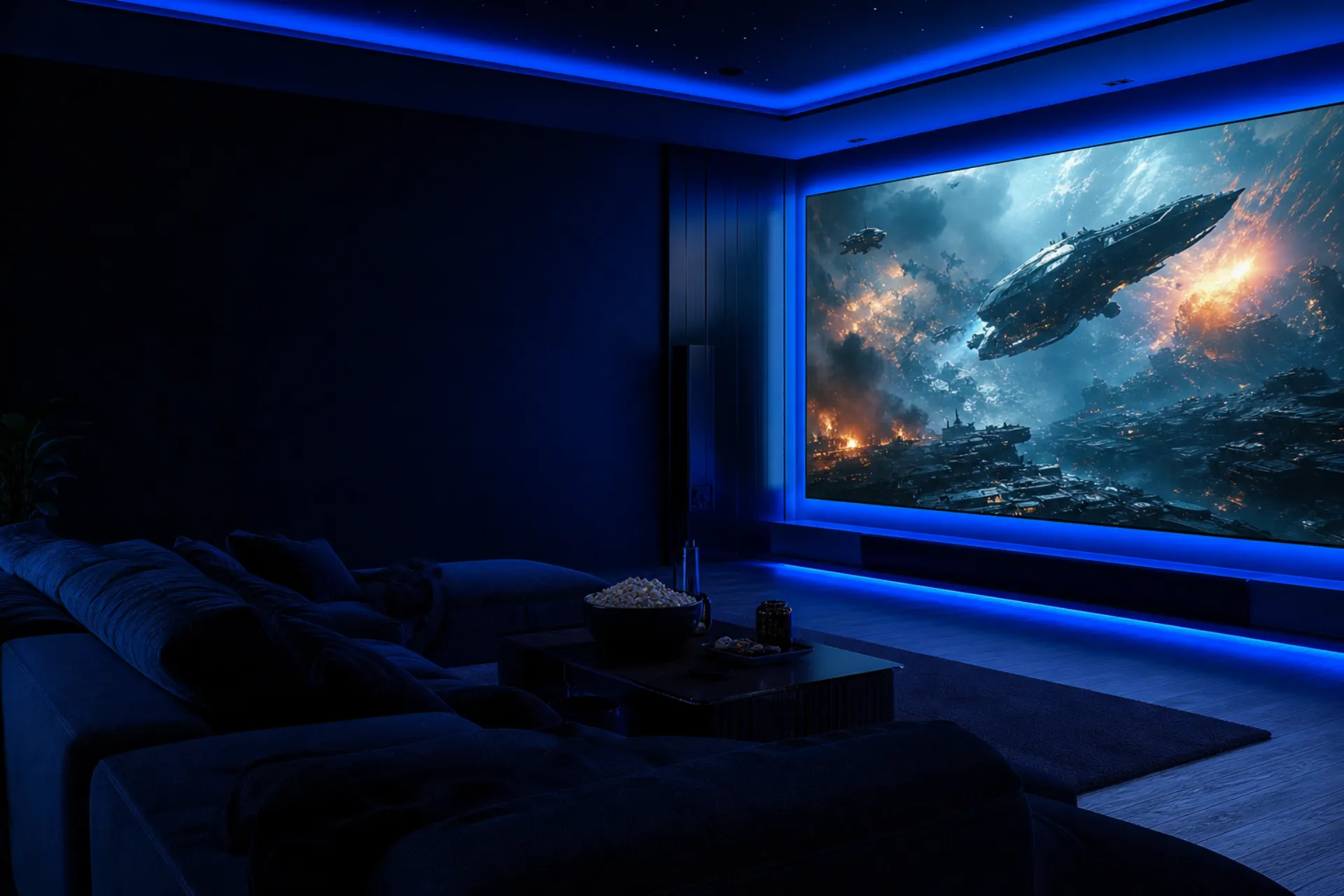 Blockbuster movies streaming in 4K in a futuristic home cinema with IPTV