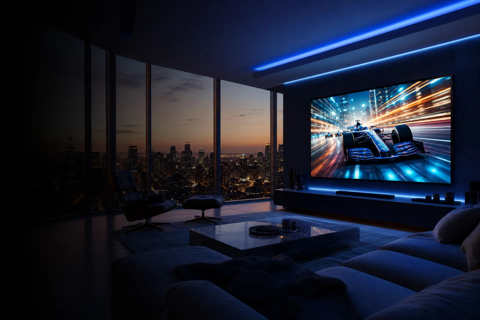 Formula 1 race streaming live in 4K on IPTV in a modern penthouse